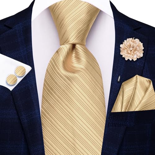 Image of Hi-Tie Men Silk Ties Set with Flower Lapel Pin Necktie Pocket Square Cufflinks for Tuxedo Wedding Business