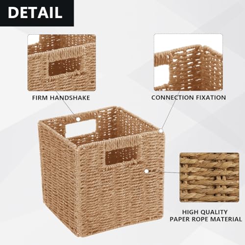 Ukontagood 6 Pack 8.7 Inch Wicker Baskets, Hand Woven Paper Rope Storage Baskets, Foldable Cube Storage Bins Organizer Square Wicker Cubes for Shelves Pantry Organizing & Decor by Ukontagood - Image 3