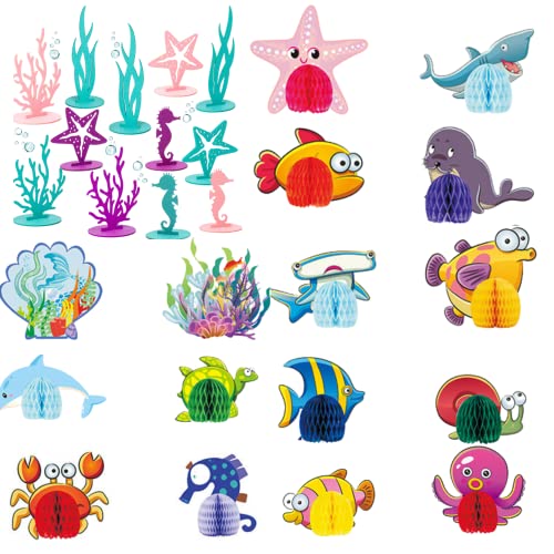 28PCS Sea Animal Honeycomb Centerpiece DIY Felt Seahorse Starfish Seaweed Coral Table Centerpiece Under the Sea Party Decorations Supplies for Ocean Theme Birthday Party Baby Shower