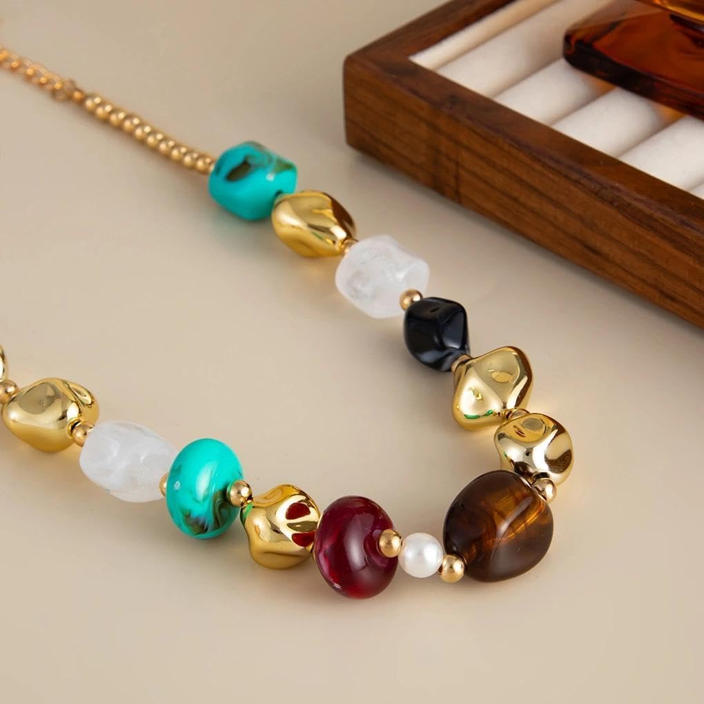 Bohemian Colorful Irregular Resin Metal Bead Necklace,Ethnic Gold Chunky Beaded Collar Necklace Punk Party Jewelry Accessories Gift for Women - Image 6