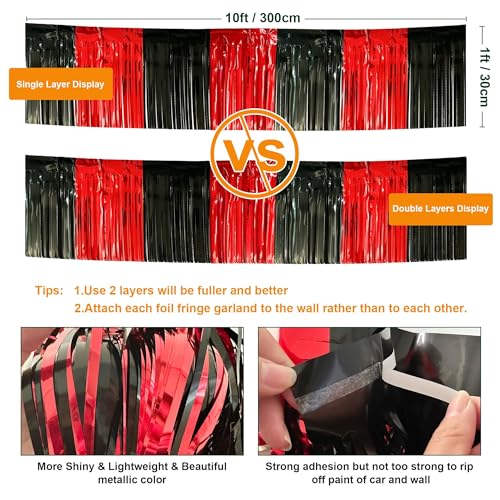 Image of 4 Pack 39 Feet Black Red Parade Floats Foil Fringe Garland Metallic Tinsel Streamers Banner Fringe Curtain Banner for Halloween Graduation Homecoming Birthday Party Decorations (Black, Red)