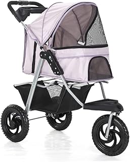 Carrinho de bebê com 3 rodas para animais de estimação Carrinho de estimação para cães/gatos Carrinho de passeio para cães Carrinho de passeio com um clique, dobrável, rodas grandes, leve, com água (rosa)