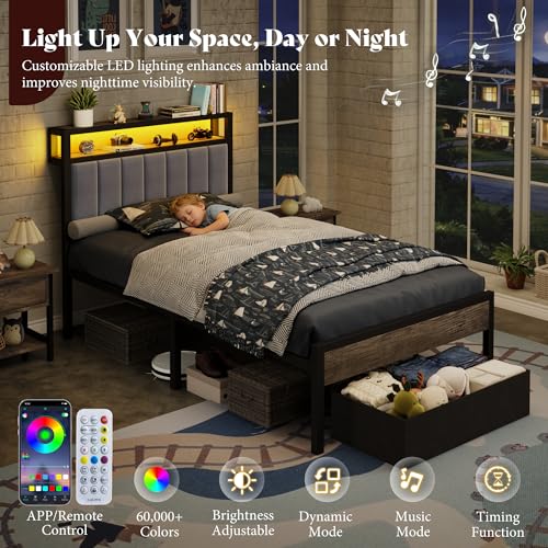 Image of AMERLIFE Twin Bed Frame with LED Lights & 2-Tier Storage Headboard | Grey, 2 Storage Drawers, Metal Platform Frame, Velvet Upholstery, Heavy-Duty Slats, No Box Spring, Easy Assembly