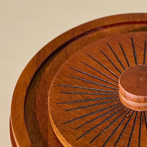 Image of Brick Brown Roule Wooden Masala Box with Lid | Hand-Carved Spice Box Organizer with 7 Stainless Steel Containers & Wooden Spoon | Solid Wood Masala Dani Spice Storage Box for Kitchen (8.3x4.3 Inch)
