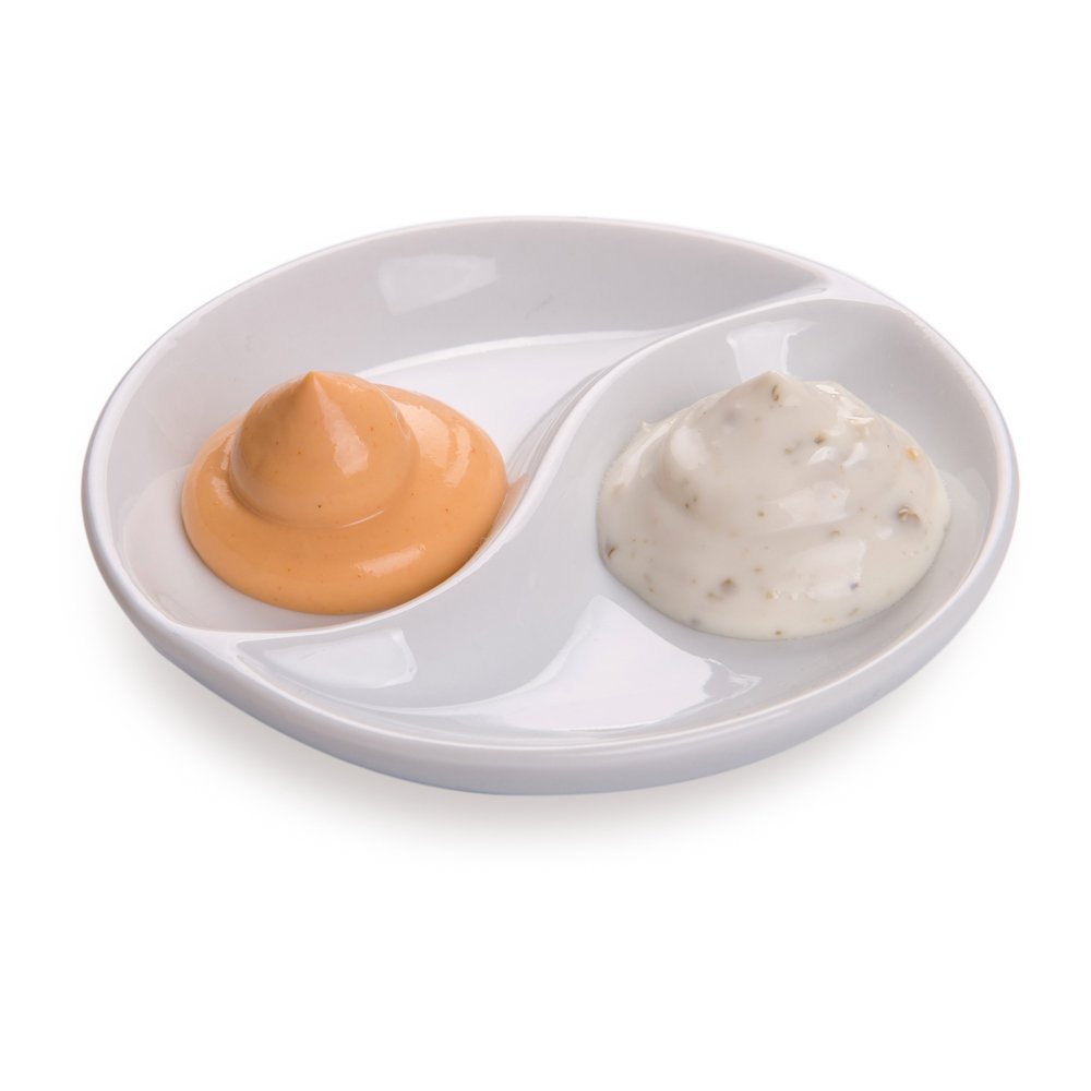 Restaurantware Sauce Plates 10 Count 3.5 Inch Porcelain Dual-Compartment Dishes Chip-Resistant White Porcelain Serving Tray Oven, Dishwasher-Safe Appetizer Plates for Dipping Sauces, Starters