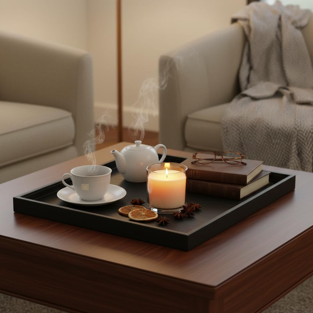 Quadratisches Ottoman-Tablett, 50,8 x 50,8 cm, Kunstleder, großes Serviertablett für Couch/Couchtisch, Familienessen, Picknick, Party-Dekoration (schwarz)
