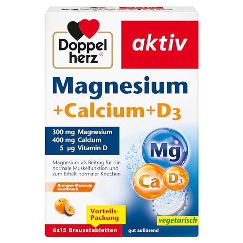 Doppelherz Magnesium + Calcium + D3 - als Beitrag für die normale Muskelfunktion und zum Erhalt normaler Knochen - 6 x 15 gut auflösende Brausetabletten mit Orangen-Maracuja-Geschmack