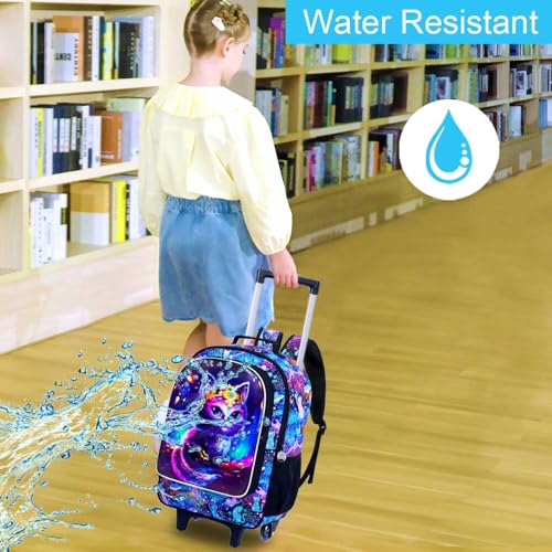 Image of CCJPX 3PCS Rolling Backpack for Girls, Kids Cat Roller Wheels School Bookbag with Lunch Bag, Wheeled School Bag for Toddler Elementary Children