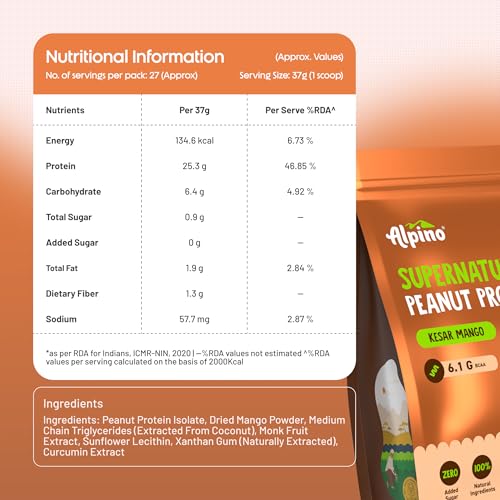 Image of Alpino Supernatural Peanut Protein Powder Kesar Mango 1kg - 25g Plant Based Protein, 6.1g BCAAs, No Added Sugar, Vegan