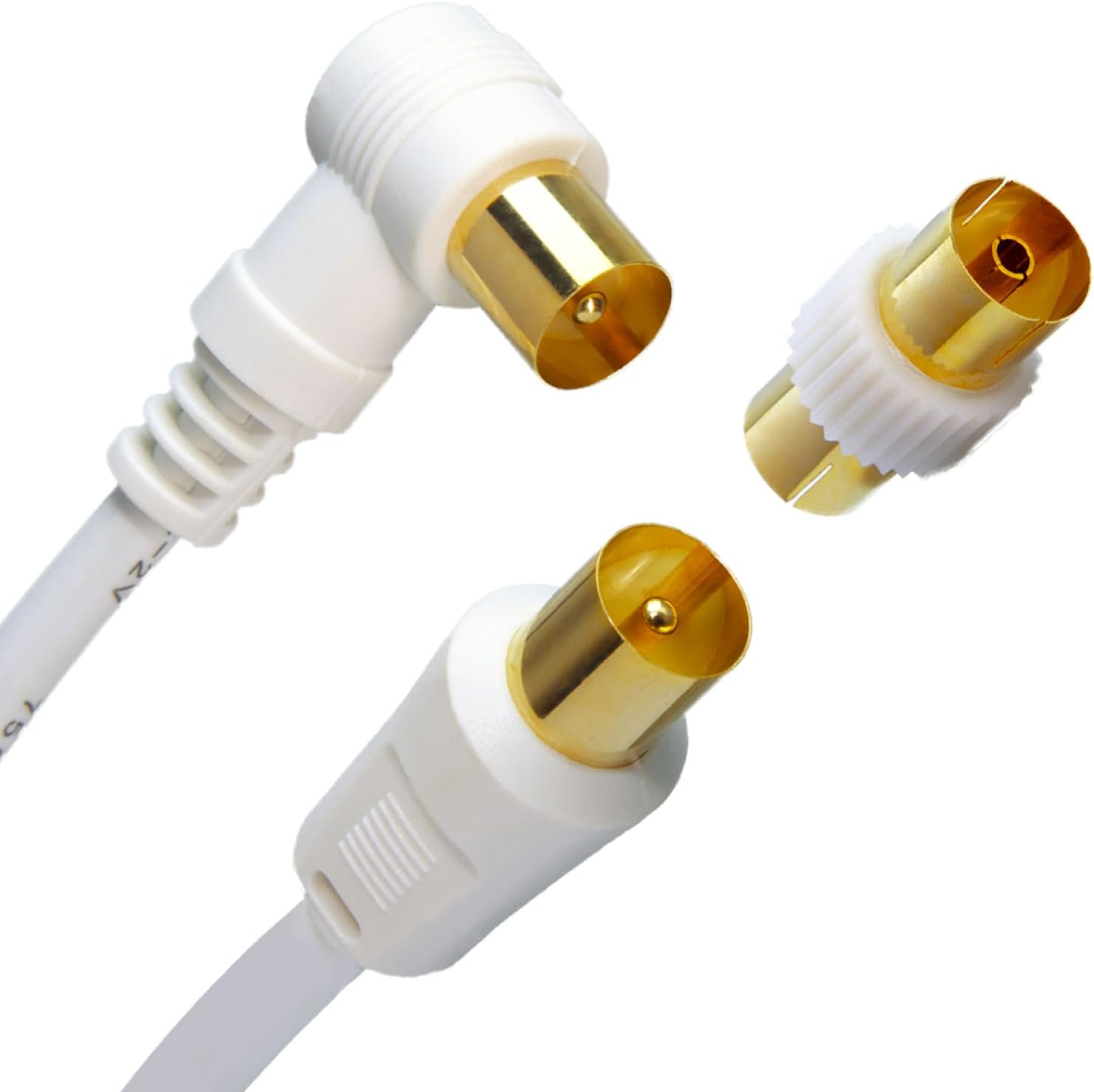 4M TV Aerial Cable Extension Satellite Cable with Male-to-Male Coaxial Connection, RF Adaptor and Right Angle Connector Gold Plated - White