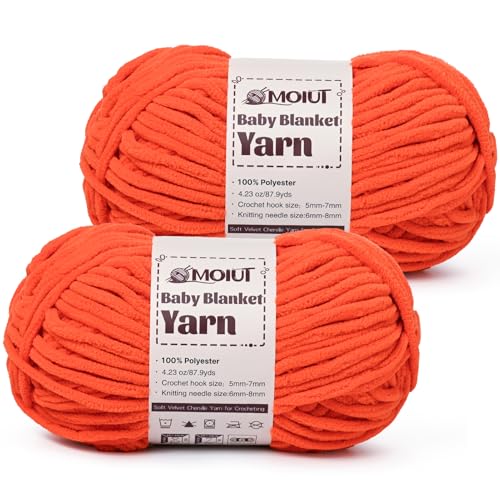 Image of Fluffy Chunky Yarn for Crocheting, Chenille Crochet Yarn 6 Super Bulky, 2 Pack of 87.9 yds /4.23 oz Baby Blanket Yarn, Soft Velvet Yarns for Knitting Amigurumi&DIY Crafts /Hats /Socks(2 Orange)