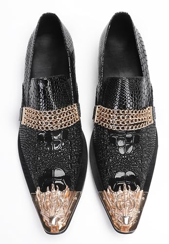 Santimon Men's Metal-Toe Slip On Loafers with Beadwork | Genuine Leather Penny Loafers for Wedding/Disco/Rock Events | Dress Shoes for Casual & Party Outfits Black3