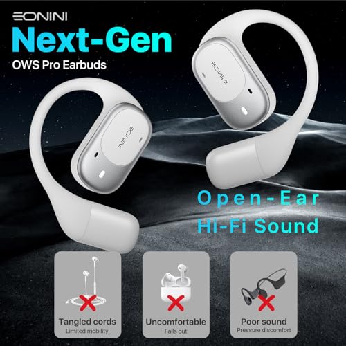 Image of Eonini Open-Ear Earbuds with Earhooks, LED Display Case, Lightweight & Secure Fit, All-Day Comfort, Stay-Aware Design, Clear Calls, 40H Playtime, IPX5 Waterproof Bluetooth 5.3 for Running, Gym