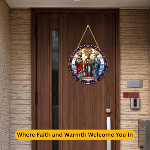 Image of Printality Stained Glass Style Christian Wall Hanging | Round MDF Plaque with Glossy Finish & Golden Zardosi String | Religious Wall Art | Jesus, Mary & Angels Design | Faith Home Decor (Design 7)