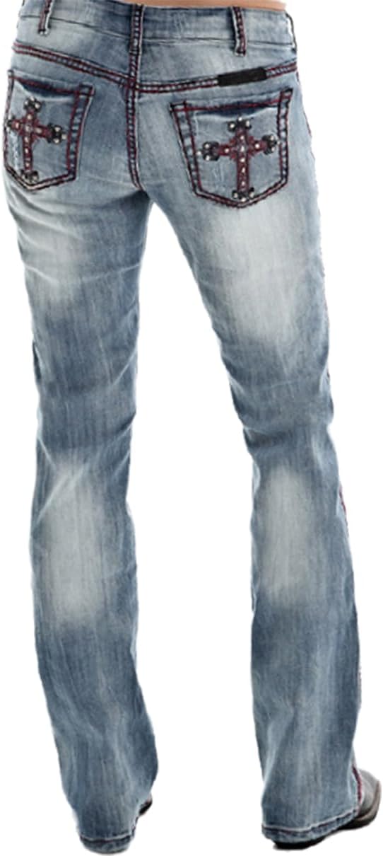 Bootcut Jeans for Women Mid Rise Ripped Distressed Embroidered Cross Jeans Stretchy Fit Denim Long Pants - Image 3