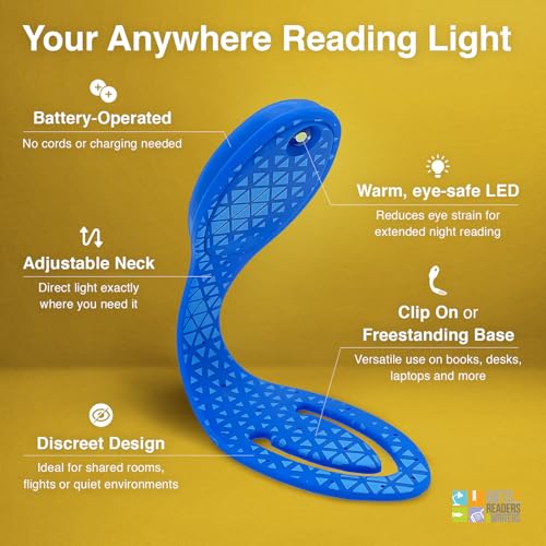 Image of Gifts for Readers & Writers Book Light, Clip On Reading Light for Bed, 2in1 Flexilight & Bookmark, Small & Lightweight with a Soft Glow, 2 Batteries Included, Blue
