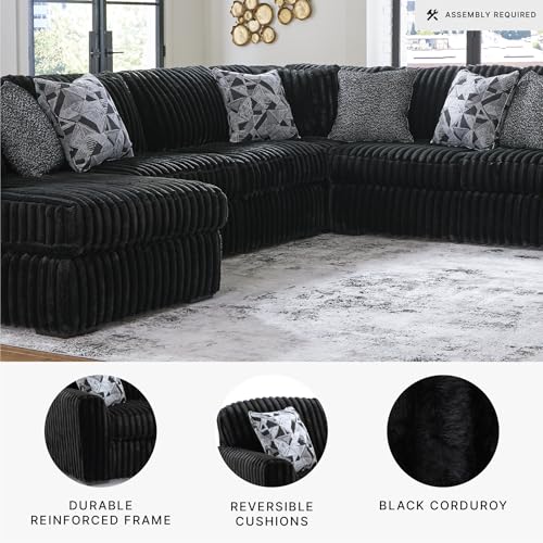 Image of Signature Design by Ashley 6-Piece U-Shape Sectional with Chaise, Black | Jumbo corduroy 100% polyester fabric, Platform foundation system, Living room use, 9 toss pillows, Midnight-Madness Series