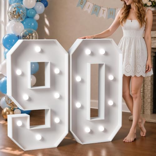 Image of Marquee Numbers 3 Feet Tall Big Light Up Numbers 90th Birthday Decorations Women Men White Anniversary Party Decor Large Cardboard Prop Backdrop Sign 90