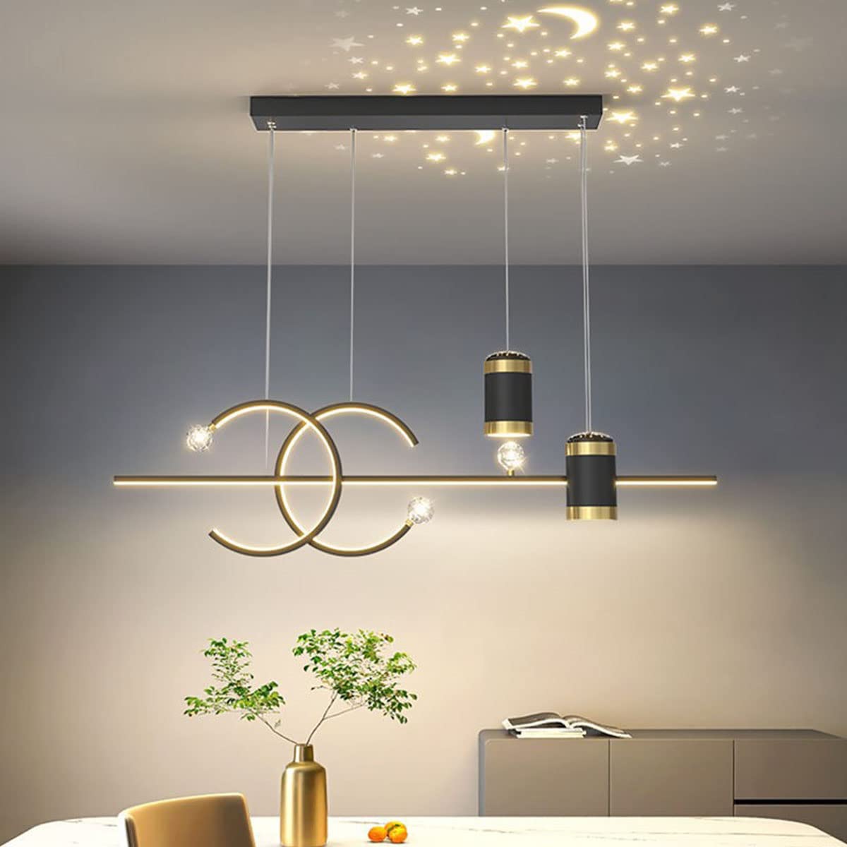 Bellastein Moderne LED Esstisch Hängelampe Neu Entwurf sternenklarer Himmel Pendelleuchte Höhenverstellbar Fernbedienung Hängeleuchte für Esszimmer Wohnzimmer Büro Pendellampe (Schwarz)