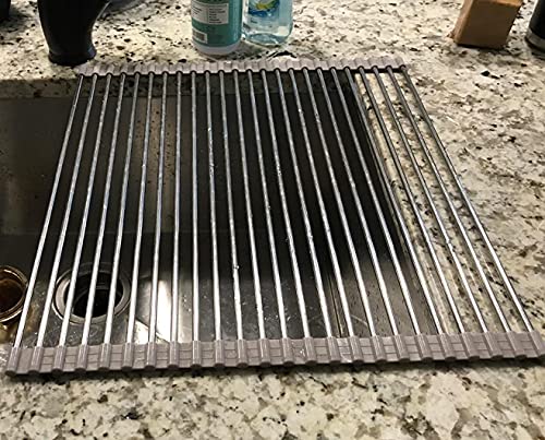 Image of AHYUAN Wide Roll Up Dish Drying Rack Over The Sink Folding Dish Rack Portable Dish Drainers For Kitchen Sink Counter Roll-Up Drying Rack Rv Foldable Dish Drying Rack Grey (16.2''Wx17.8''L)(Metal)