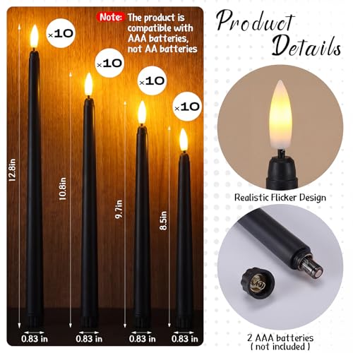 Image of Baquler 40 Pcs Flameless Taper Candles LED Battery Operated Bulk,Black | Flickering Glow, Artificial Fake Candles for Weddings Christmas Halloween, 4 Sizes 8.5-12.8 in, Safe Flameless Table Decor