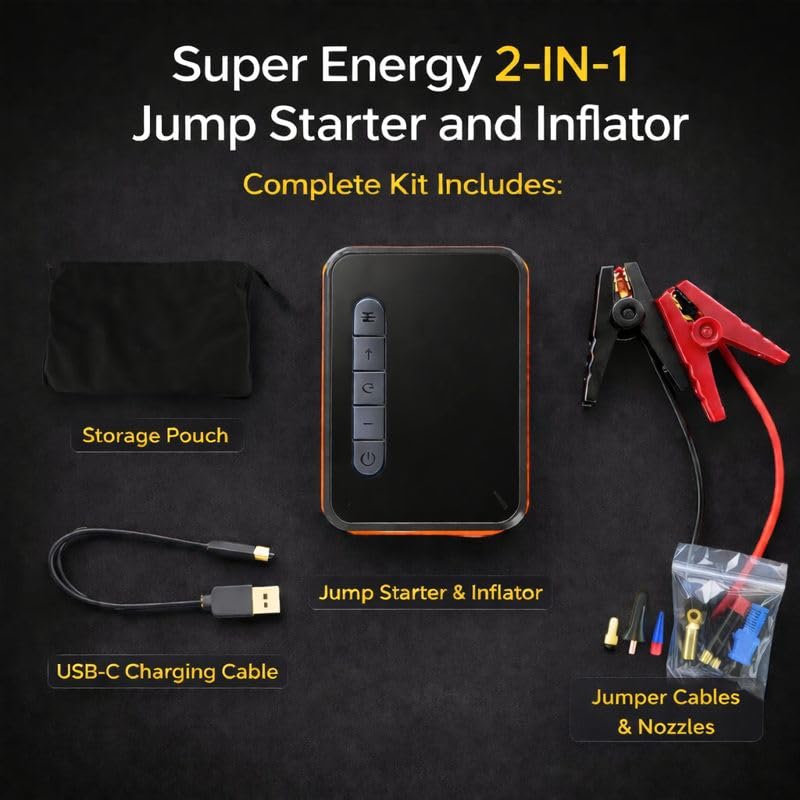 Image of YOURKARTS.COM 2-in-1 Car Jump Starter & Tyre Inflator - 8000mAh Emergency Power Bank, 12V 1000A Peak Output, Dual USB Charging, LED Flashlight, 60W Air Compressor (CX-319)