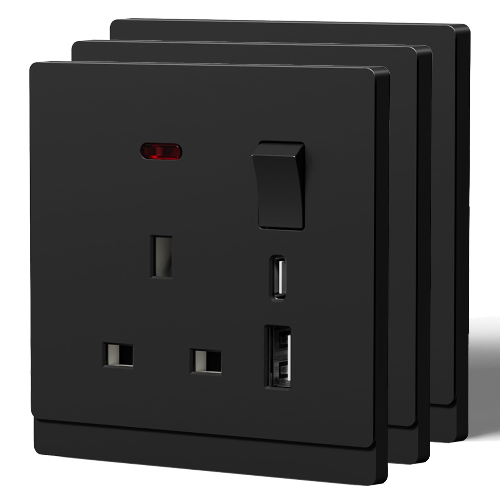 BSEED Single Socket with USB C,Tactile Finish Switched Wall Sockets,13A Electric Power Outlet,Individual Control & LED Indicator,Designer Wall Plate,Single-3 Pack,86mm Black