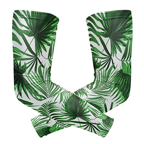 Seamless Green Tropical Palm Leaves on White Background 1 Pair Cooling Sports Arm Sleeves, Cover Uv Sun Protection Warmer for Sports Men Women Running Golf Cycling Riding Jogging