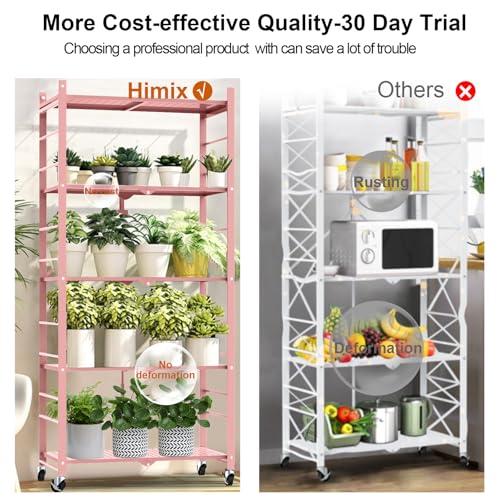 Image of Himix 5-Tier Folding Storage Shelves with 20 Hooks Wheels Home Pink | Folding shelving units, Metal collapsible organization, Wire shelf, No assembly, Kitchen, Room, Holds 440 Ibs No assembly