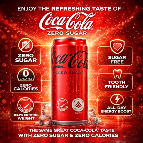 Image of COCA COLA - Zero Sugar Soft Drink Cans (320ml x 12 Pack) By COUGAR | Refreshing Carbonated Beverage with Classic Cola Taste | No Sugar No Calories Drink for Parties, Meals & Daily Refreshment | FREE 6 PRESTIGE PISTACHIO WAFFI BARS INCLUDED - (Imported-Malaysia)
