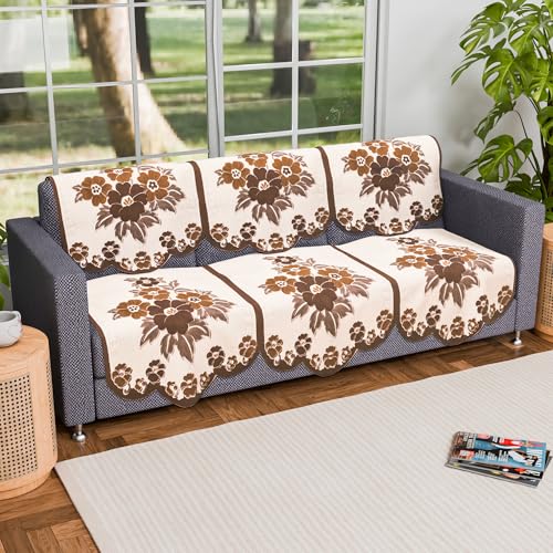 Image of Kuber Industries (Set of 6) Stylish & Durable Cotton Sofa Covers 3 Seater | Washable Sofa Protector /Mat | Suitable Slipcover for Living Room & Office | Painting Print- Cream & Brown