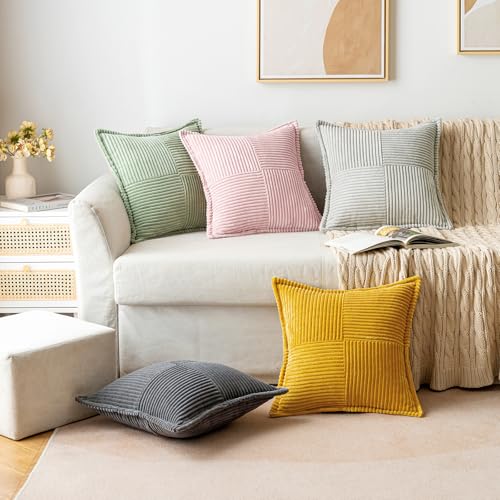 Image of MIULEE Spring Decorative Throw Pillow Covers for Couch Bed Livingroom 20x20 Inch Set of 2 Pink Boho Accent Throw Pllows Broadside Striped Patchwork Soft Corduroy Pillowcases Valentine Decor