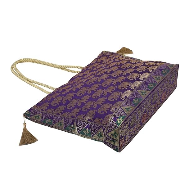 Image of Hand Purse | Traditional Hand Purse | Silk Wallet Hand Bag | Shagun HandPurse | Gifts HandBag | Golden Handle Tote Handbag | Brocade Shoulder Bag | 16 INCH