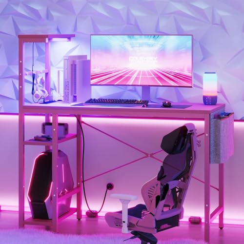 Image of Bestier Pink Gaming Desk with Power Outlets, 44 Inch Led Gamer Desk with 4 Tiers Reversible Shelves, Computer Desk with Headset Hook & Side Storage Bag for Bedroom (Pink 3D Carbon Fiber)