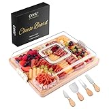 CAWIU Charcuterie Board with Lid and Handle - Portable Travel Design Bamboo Cheese Board Set with 4 Cheese Tools, Gift for Housewarming, Weddings, Picnics(6 Compartments, White)