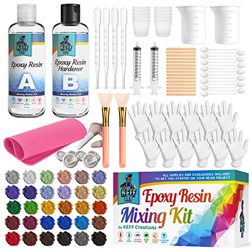 KEFF Creations Epoxy Resin Crystal Clear Casting Resin Kit| Epoxy Resin Mixing Kit| Resin Accessories Kit, 30 Resin Mica Powder Pigments for Glitter Tumblers, Jewelry Resin, Molds, Resin Art Kit