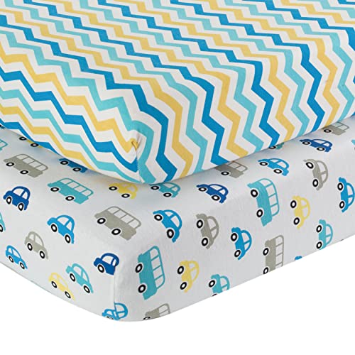 Image of 2 Pack Fitted Crib Sheets for Boys in 100% Jersey Knit Cotton – Baby Boy Crib Mattress Sheets in Blue, Gray and Yellow Cars and Chevron Stripe Design by Everyday Kids; Baby Boy Vehicle Nursery Theme