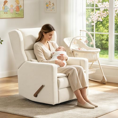 Image of Swivel Rocker Recliner Chair,Glider Rocker Recliner Nursery Chair with Adjustable Headrest, Rocking Chair Nursery with Lumbar Support, Manual Recliner with Cup Holder and Side Pockets, White