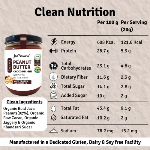 Image of Jus' Amazin Creamy Organic Peanut Butter - Choco Delight (500g) | 26% Protein | Plant-Based Nutrition | Zero Chemicals | Dairy-Free | 100% Organic Ingredients | Chocolate Spread