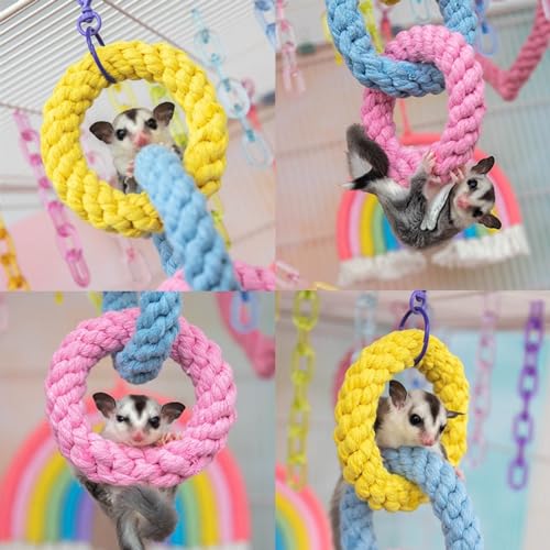 Image of 2 Pack Sugar Glider Hanging Three-Ring Climbing Toys Colorful Swing Toys, Sugar Glider Hamster Rats Toys, Cage Accessories for Sugar Glider Ferret Hamster Squirrel Chinchilla Parrots