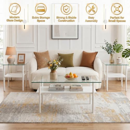 Image of 38.6 inch Glass Coffee Table for Living Room, 2-Tier Modern White Center Table with Tempered Glass Top, Wood Shelf & Metal Legs, Accent Tea Table for Small Space, Apartment,Easy to Assemble