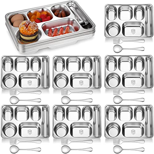 8 Pack 304 Stainless Steel Divided Plates With 8 Spoons 8 Forks Rectangular Metal Dinner Eating Tray Bulk For Adults Kids Food Portion Control Camping Lunch School, 11.1 Inches (6 Compartment) #TOP25