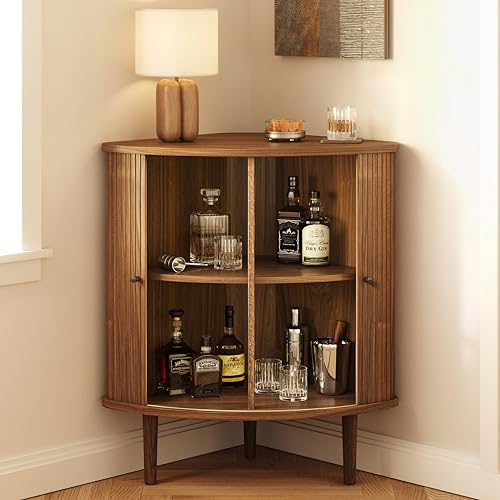 WERMO 30'' Fluted Corner Bar Cabinet with Sliding Doors, Storage and Adjustable Shelf - Angled Corner Cabinet Kitchen, Corner-Fitting Coffee Station, Liquor & Wine Bar for Dining Room, Office (Walnut)