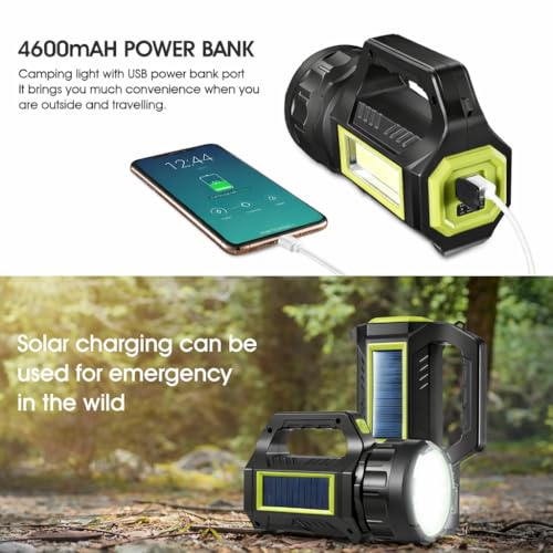Image of Visione Arc Heavy Duty Rechargeable LED Torch Light - Long Distance High Range Searchlight with Side COB Emergency Lantern, Solar Charging Panel and Built-in Top Handle for Farming, Home & Camping