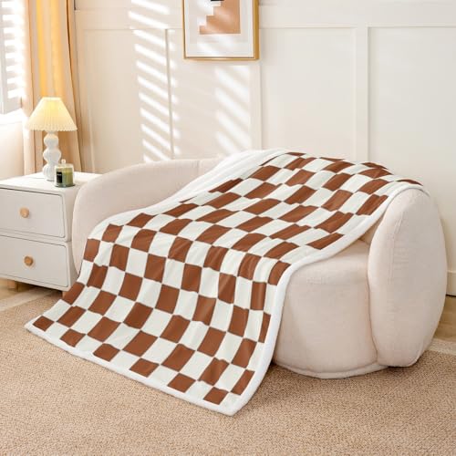 Image of Erosebridal Plaid Throw Blanket 40 inchX50 inch Beige Caramel Brown Checkerboard Sherpa Blanket Geometric Checkered Fleece Bed Blanket for Kids Boys Girls, Aesthetic Grid Flannel Blanket