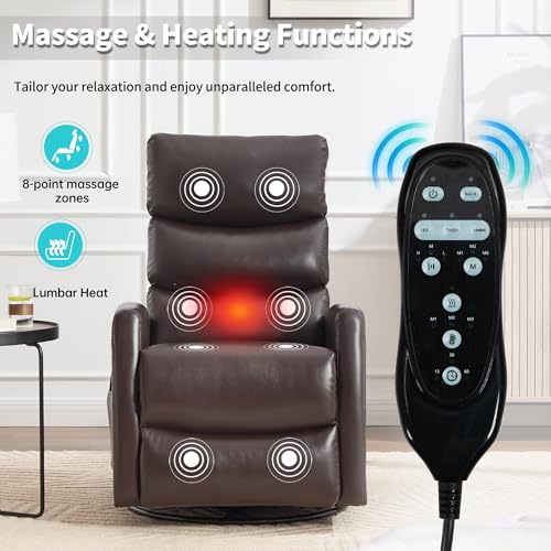 Image of Manual Swivel Rocker Recliner Chair for Adults, Overstuffed Reclining Glider Chair for Nursing with Vibration Massage & Heat, Living Room Rocking Recliner 3-Stage backrest, Faux Leather Brown