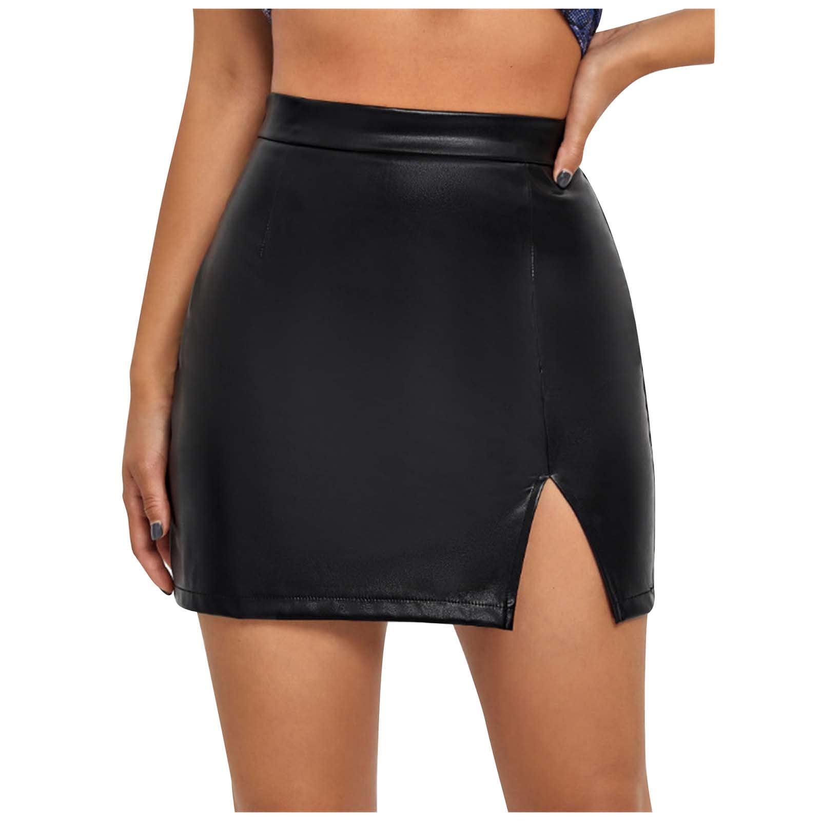 Womens Faux Leather Mini Skirt High Waist Bodycon Mini Short Skirt Side Slit Slim Business Casual Trendy Skirts