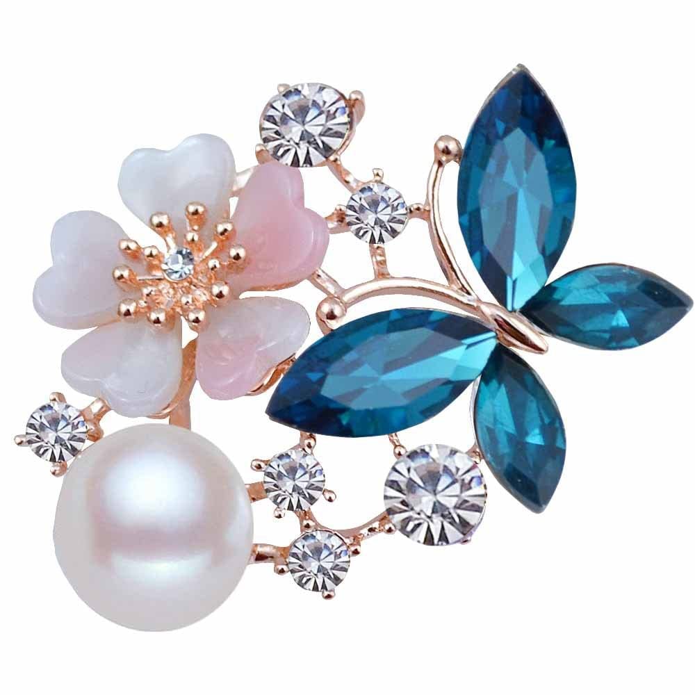 RWRAPS Damen-Brosche, Blumen-Schmetterlings-Anstecknadel, Broschen für Damen, Kristall-Strasssteine, schönes Geschenk, Schmuck-Brosche, Exquisite Broschen (Metallfarbe: Silberblau) (Goldgrau)