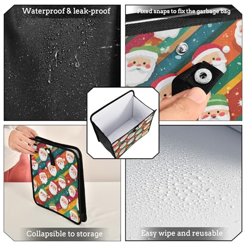 Image of Car Trash Can Organizer Bin with Adjustable Strap for Back Front Seat Console Waterproof Leakproof Collapsible Portable 8.66 Inch Colorful Diagonal Striped Santa Claus