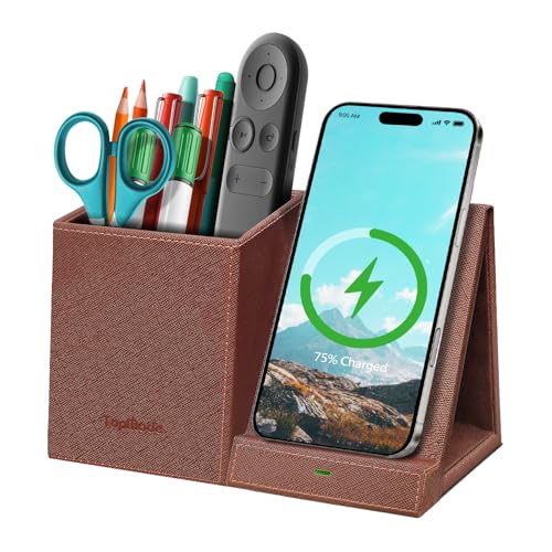 TopMade Wireless Charger with Pen Holder, Multi-functional Desktop Organizer and Storage, Home Office Supplies Desk Accessories, Pencil/Remote Holder with Fast Charging Phone Stand (Brown)